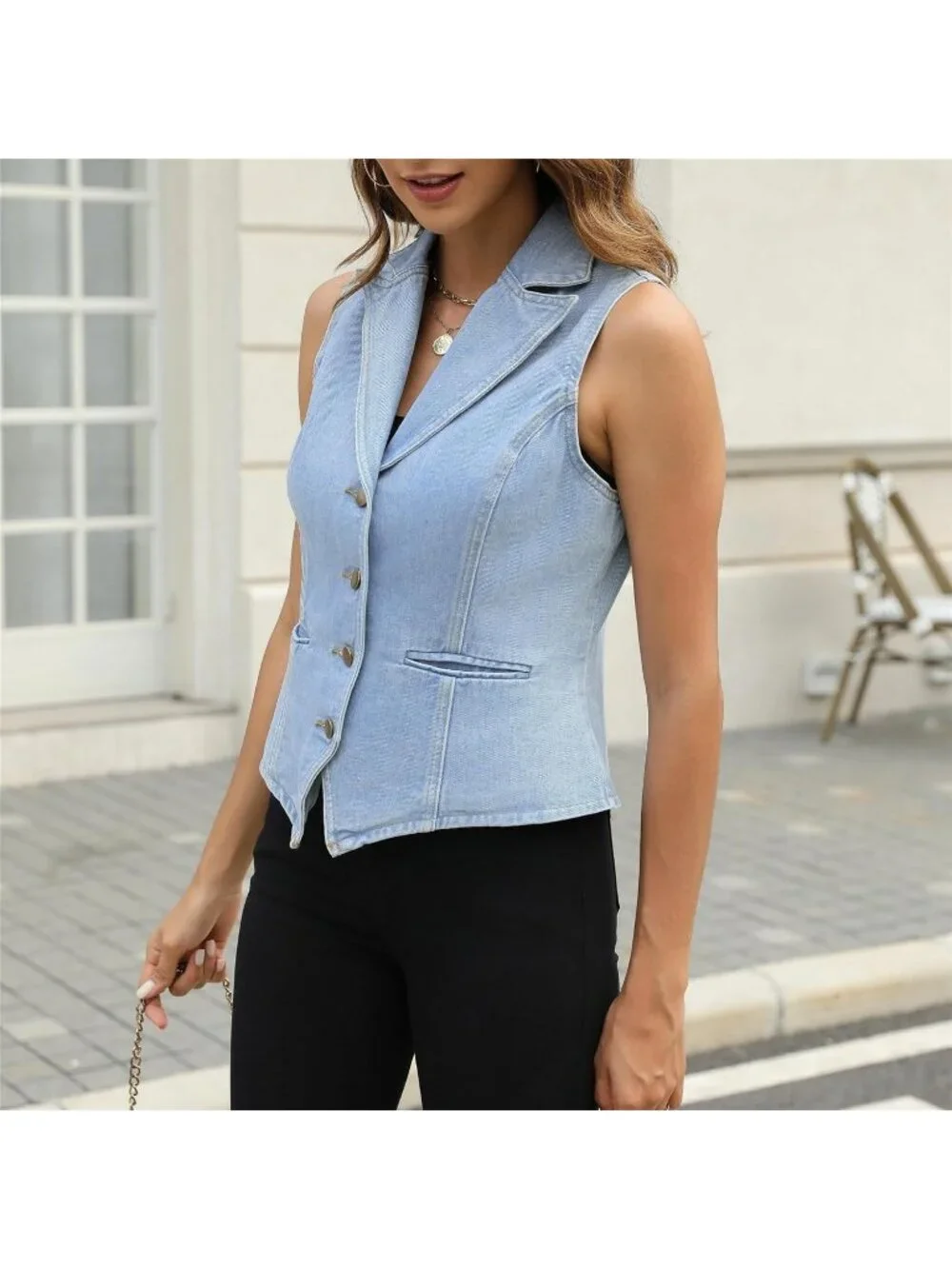 Women's Light Blue Lapel Denim Vest Sleeveless Business Work Jean Waistcoat Vest - Picture 3 of 5